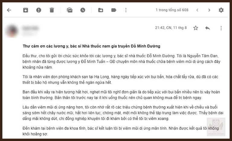 Trích dẫn thư cảm ơn nhà thuốc Đỗ Minh Đường chữa viêm mũi dị ứng của người bệnh