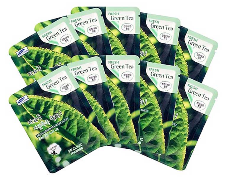Mặt nạ giấy 3W Clinic Fresh Greentea được chiết xuất từ trà xanh giúp đẩy lùi tình trạng sưng viêm do mụn