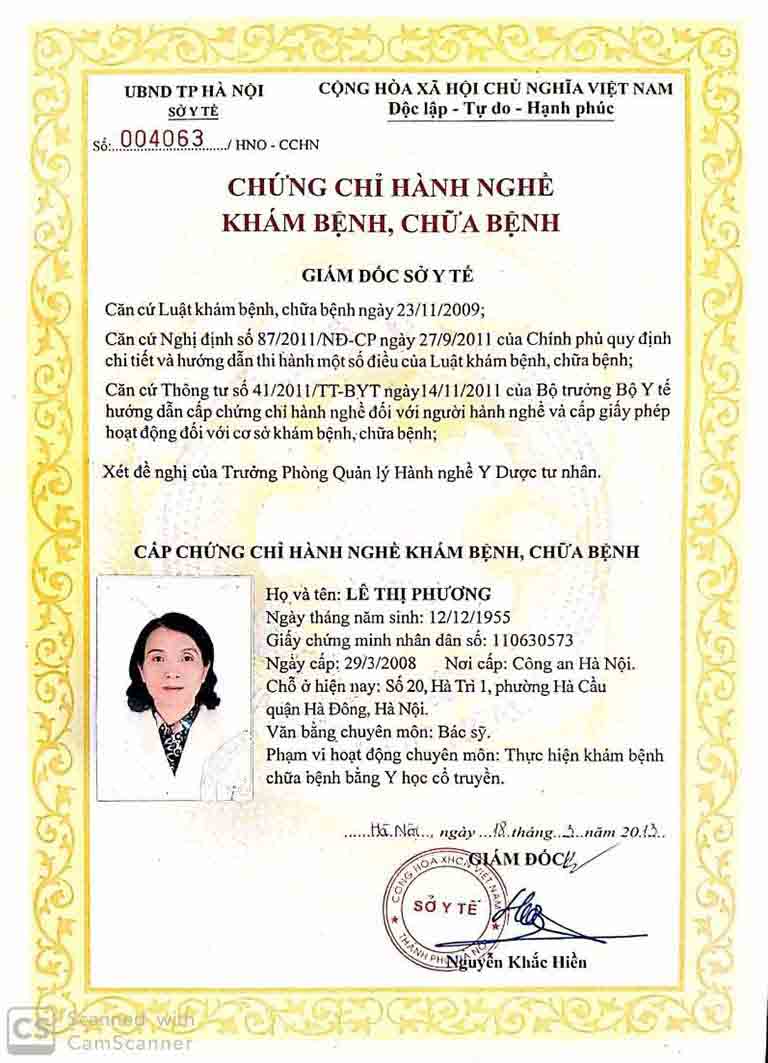 Chứng chỉ hành nghề của bác sĩ Lê Phương