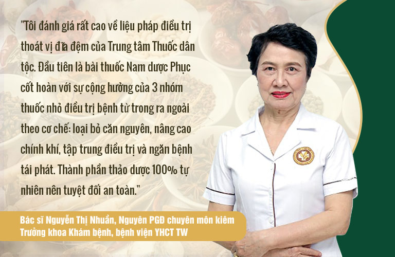 Đánh giá của bác sĩ Nguyễn Thị Nhuần về phác đồ điều trị thoát vị đĩa đệm tại Trung tâm Thuốc dân tộc
