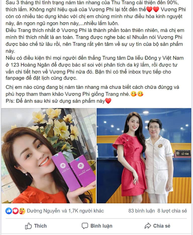 Chia sẻ chân thực của diễn viên Thu Trang về hiệu quả của liệu trình thảo dược Vương Phi